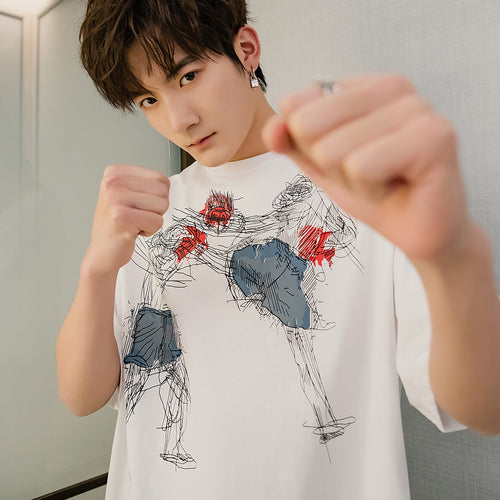 Sicilian men's summer Korean men's short-sleeved men's tide brand trend half-sleeved loose white graffiti printed t-shirt