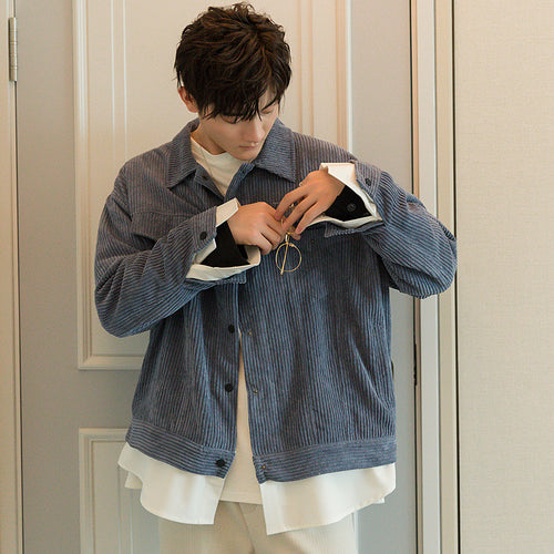 Sicilian men's stitching fake two-piece corduroy jacket male Korean version of the trend loose men's lapel spring and autumn jacket