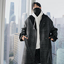 Load image into Gallery viewer, Sicilian men&#39;s mid-length belted woolen coat Korean style handsome plaid stitching thick coat
