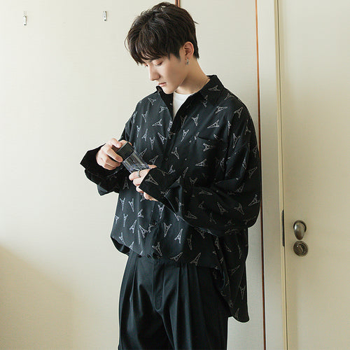 Sicilian men's spring flower shirt male Korean version of the trend handsome men's loose black long-sleeved shirt jacket