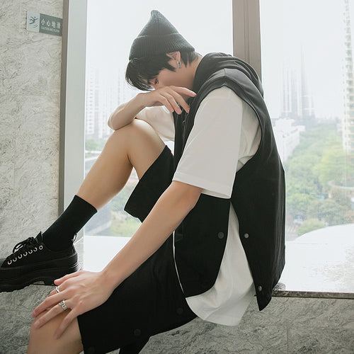 Sicilian men's bottoming black vest vest men's hooded loose personality trend outer wear sleeveless waistcoat