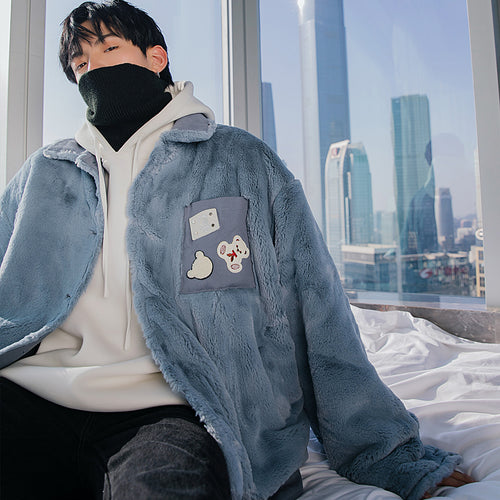 Sicilian men's winter new rabbit fleece lapel jacket cartoon embroidery thick warm loose casual cotton-padded jacket men