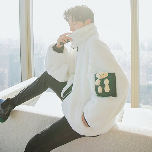 Sicilian men's winter new stand-up collar cotton-padded jacket design sense cute bear loose casual double-sided wear jacket men