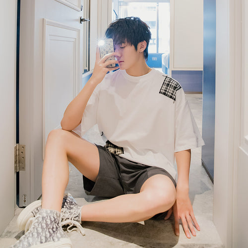 Sicilian men's Harajuku style short-sleeved men's tide brand trend loose men's five-point sleeve lattice stitching white t-shirt