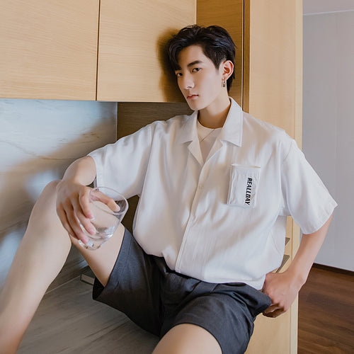 Sicilian men's short-sleeved Cuban collar shirt male Korean version of the trend loose half-sleeved men's summer white shirt