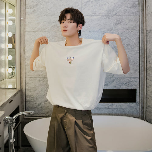 Summer Korean short-sleeved men's tide brand trend men's loose five-point sleeve creative printing t-shirt