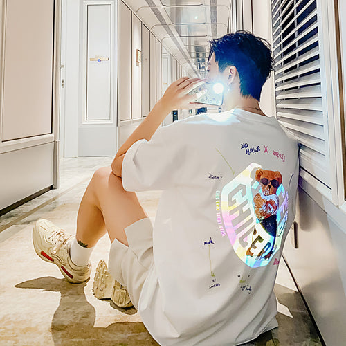 Sicilian men's clothing Hong Kong style short-sleeved men's tide brand trend loose half-sleeved men's white design reflective t-shirt