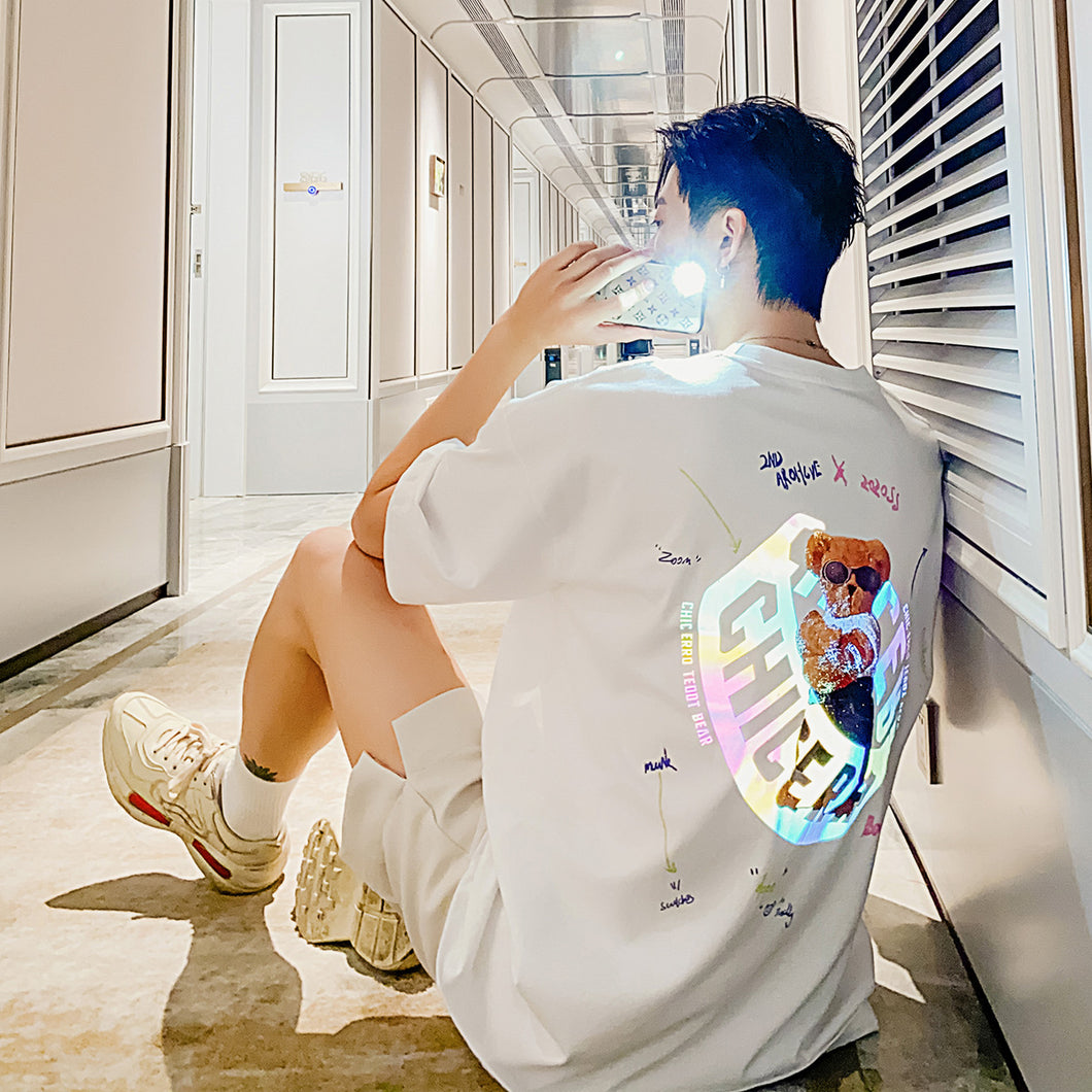 Sicilian men's clothing Hong Kong style short-sleeved men's tide brand trend loose half-sleeved men's white design reflective t-shirt