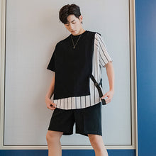 Load image into Gallery viewer, Sicilian men&#39;s clothing Hong Kong style short-sleeved men&#39;s trend loose white men&#39;s design sense striped stitching fake two-piece t-shirt
