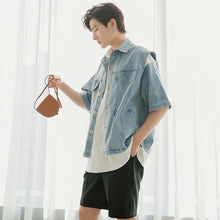 Load image into Gallery viewer, Sicilian men&#39;s summer thin stitching short-sleeved shirt male Korean loose denim vest white shirt suit
