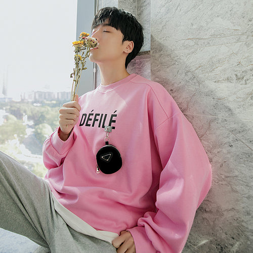 Sicilian men's spring new pullover sweater printed letters casual wild round neck long sleeve men's Korean version of the trend