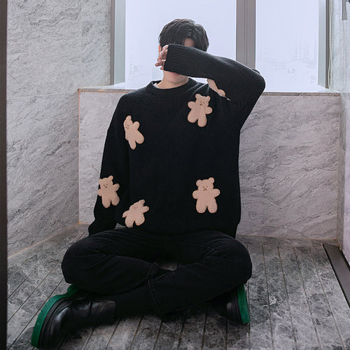 Sicilian men's black round neck sweater men's autumn long-sleeved loose lazy bear jacquard sweater pullover