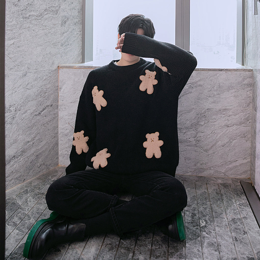 Sicilian men's black round neck sweater men's autumn long-sleeved loose lazy bear jacquard sweater pullover