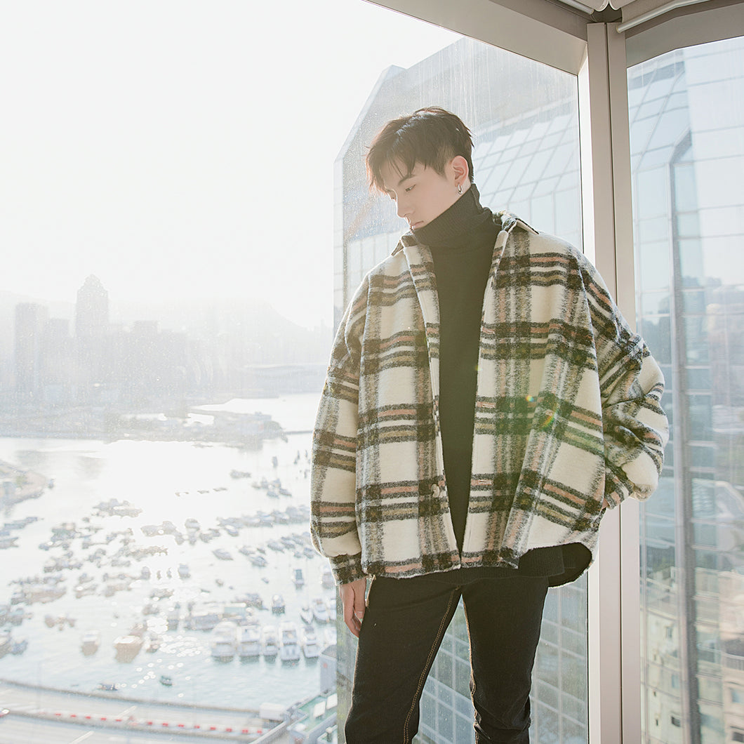 Sicilian men's loose thick plaid woolen coat autumn and winter Korean style trend men's short woolen coat 4433747067394 4433747067393 4433747067392 4433747067391