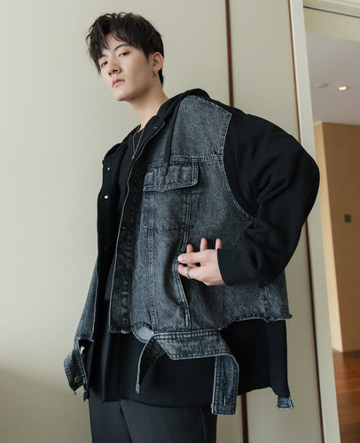 Sicilian men's spring stitching fake two-piece denim jacket male Korean version of the trend loose black hooded jacket