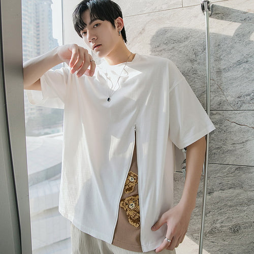 Sicilian men's cartoon print loose short-sleeved T-shirt men's trend slit stitching design sense casual t-shirt