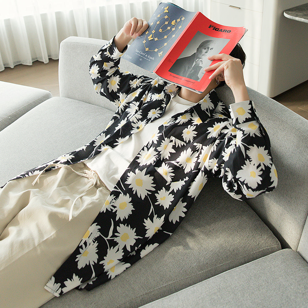 Sicilian men's spring and autumn holiday style chiffon flower shirt men's Korean version of the trend of loose men's long-sleeved shirt jacket