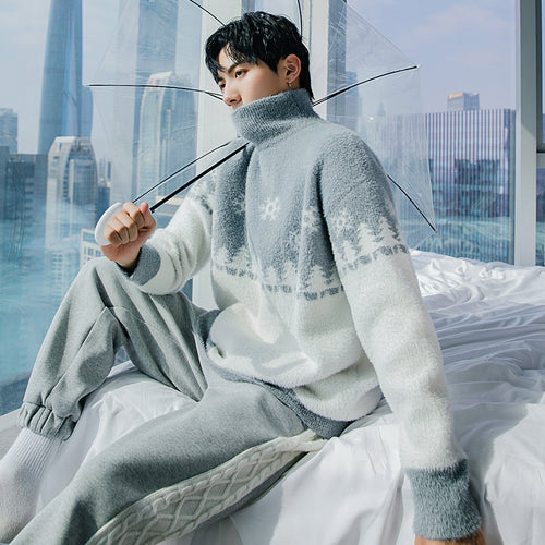 Sicilian men's winter new turtleneck snowflake sweater contrast stitching Korean trend loose handsome sweater