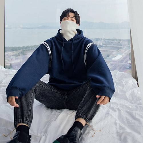 Sicilian men's winter new lazy wind hit color stitching long-sleeved loose casual sports men's hooded sweater