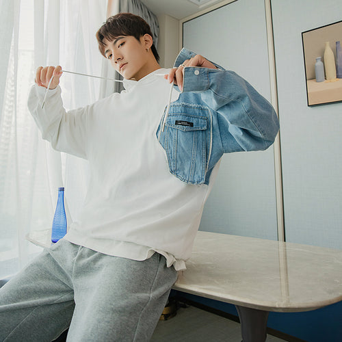 Sicilian men's autumn men's Korean style jacket loose white denim stitching hooded sweater men's trend