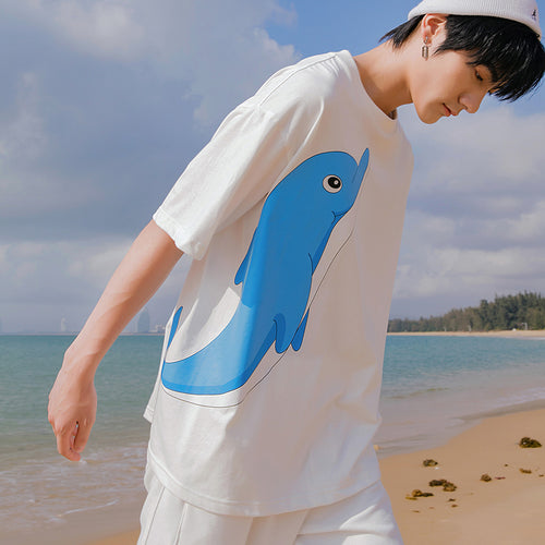 Sicilian men's white round neck short-sleeved t-shirt men's trendy brand loose casual top cartoon whale print compassionate