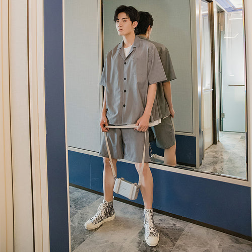 Striped short-sleeved shirt shorts two-piece loose men's trend casual suit men