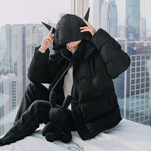 Sicilian Men's Winter New Black Plaid Hooded Jacket Messenger Bunny Doll Trend Fashion Thick Cotton Coat