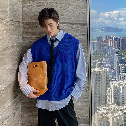 Sicilian men's college style vest men's waistcoat outer wear loose sleeveless v-neck sweater men's autumn