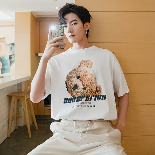 Sicilian men's clothing Hong Kong style short-sleeved men's tide brand trend loose five-point sleeve men's bear print white t-shirt