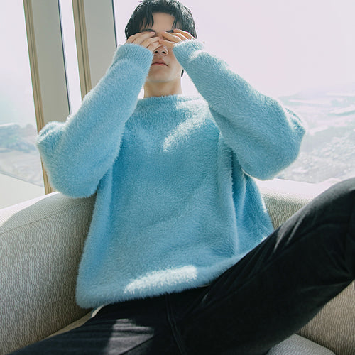 Sicilian men's winter new mohair round neck sweater men's Korean version of the trend of casual all-match pullover sweater