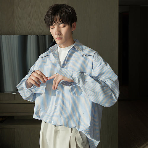 Sicilian men's small fresh blue striped shirt men's Korean version of the trend loose men's long-sleeved shirt jacket