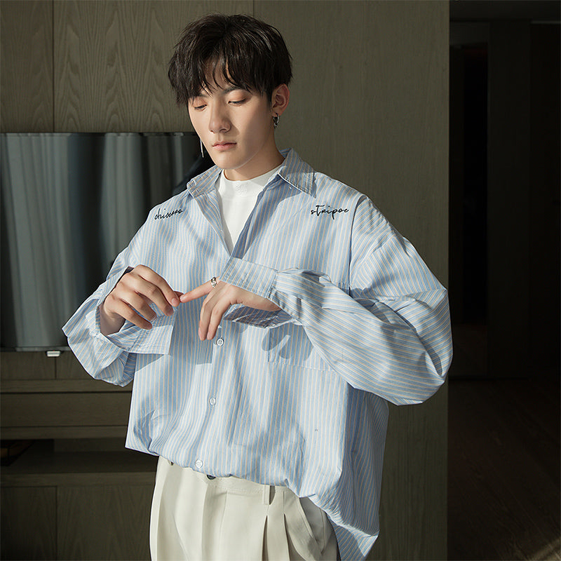 Sicilian men's small fresh blue striped shirt men's Korean version of the trend loose men's long-sleeved shirt jacket