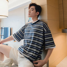 Load image into Gallery viewer, Sicilian men&#39;s summer Hong Kong style half-sleeved men&#39;s tide brand trend loose men&#39;s fake two striped short-sleeved t-shirts
