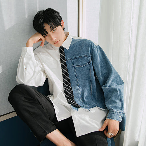 Sicilian men's spring new design sense denim stitching Korean loose handsome college style shirt men's long sleeves