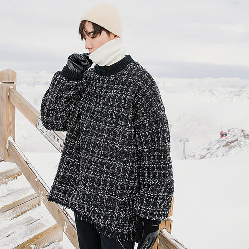 【Spot quick delivery】Top men's trend men's loose and thick plaid round neck sweater men