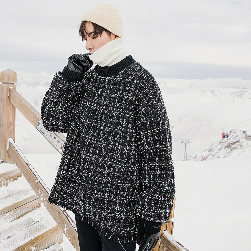 【Spot quick delivery】Top men's trend men's loose and thick plaid round neck sweater men