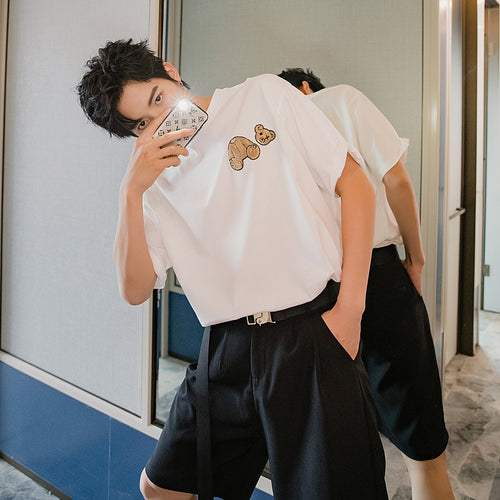 Sicilian men's clothing Hong Kong style half-sleeved men's tide brand trend loose five-point sleeve men's embroidery white short-sleeved t-shirt