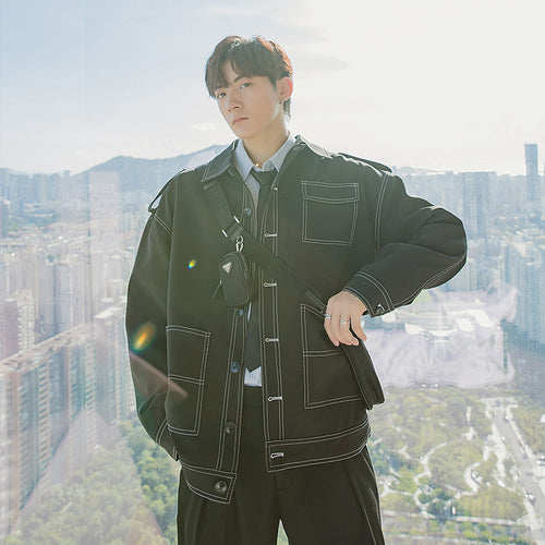 Sicilian men's autumn design sense open line jacket male Korean version of the trend loose men's trendy brand black jacket