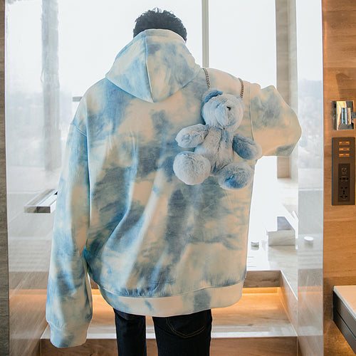 Sicilian men's autumn new tie-dye top with cross-body bear doll trendy loose and handsome hooded sweater