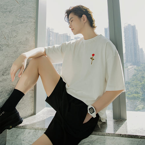 Sicilian men's white short-sleeved men's tide brand trend loose five-point sleeve men's half-sleeved rose embroidery t-shirt