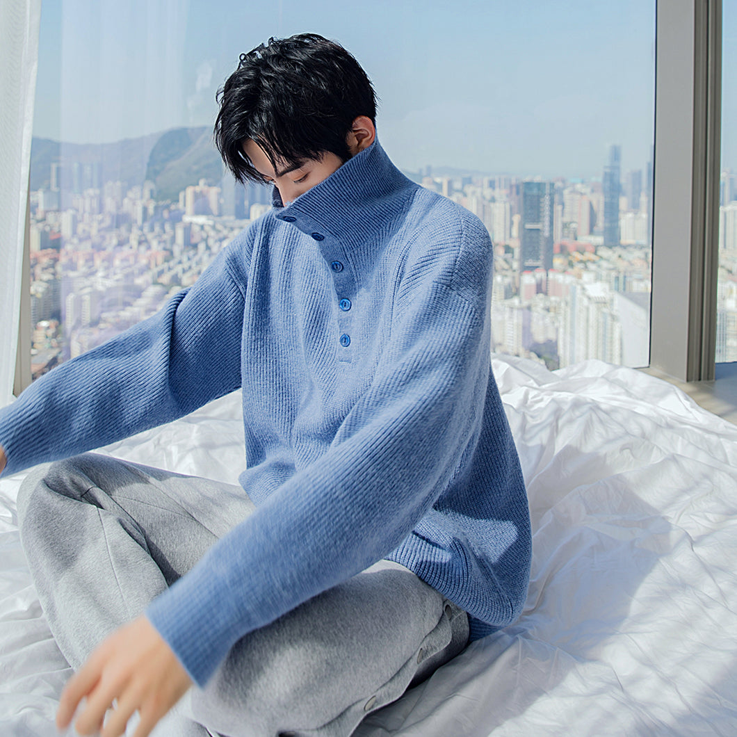 Sicilian men's winter new high-neck pullover sweater men's decorative buckle loose handsome solid color casual sweater 4661538311720