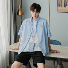 Load image into Gallery viewer, Sicilian men&#39;s assembly shoulder bag high-end blue and white striped shirt male Korean version of the trend of loose men&#39;s short-sleeved shirt
