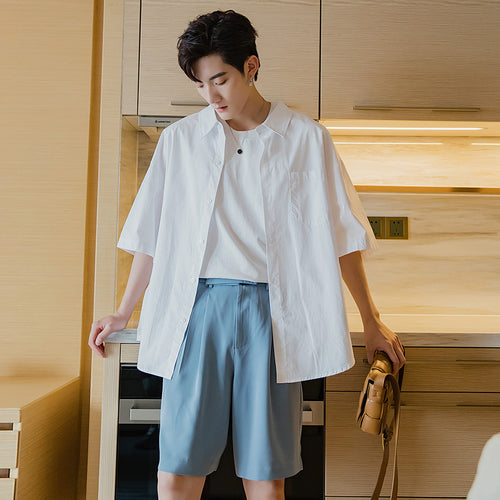 Sicilian men's short-sleeved white shirt male Korean version of the trend five-point sleeve loose men's half-sleeved white shirt