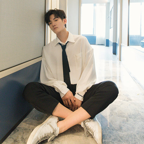 Sicilian men's spring college style white tie shirt male Korean style trend loose men handsome white shirt