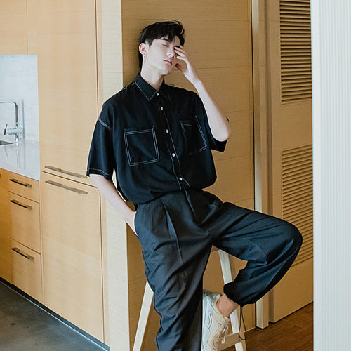 Sicilian men's summer short-sleeved shirt male Korean version of the trend handsome loose men's trendy black ice silk shirt