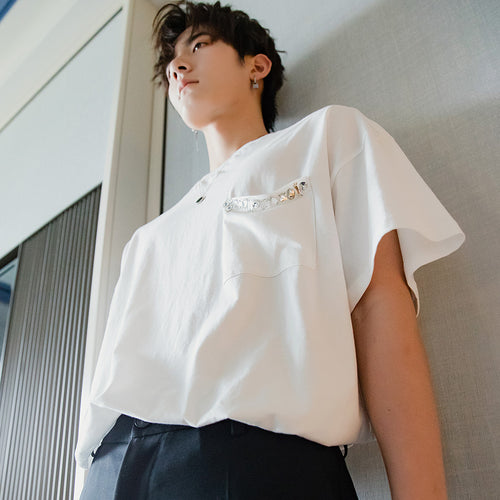 Sicilian men's spring men's Korean short-sleeved men's trendy brand trend loose five-point sleeve pocket white t-shirt men