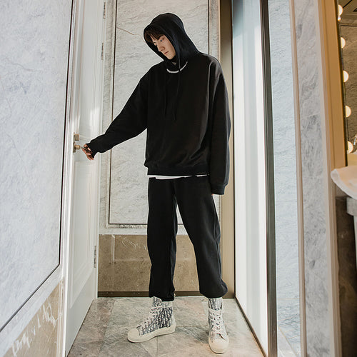 Sicilian Men's Spring Hooded Sweater Black Two-Piece Pants Men's Casual Korean Sports Suit Men