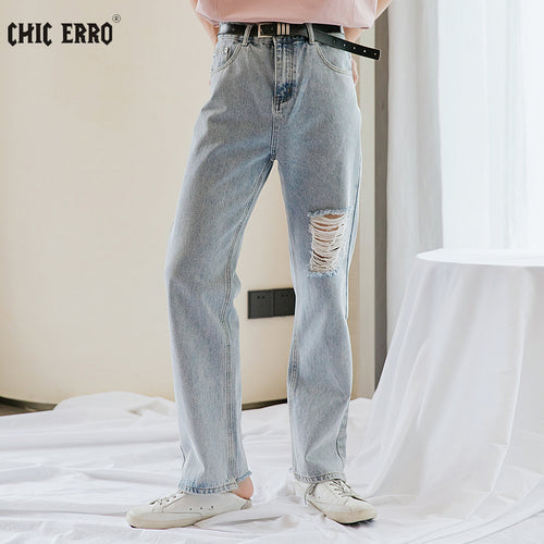 Sicilian men's light-colored ripped jeans men's summer thin slim-fit men's loose straight casual long pants
