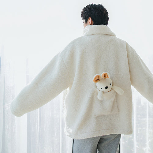 Sicilian men's lamb wool lazy style long-sleeved long-sleeved jacket with cute bunny doll and warm scarf on the back 4473643332184 4473643332182 4473643332183 4473643332181