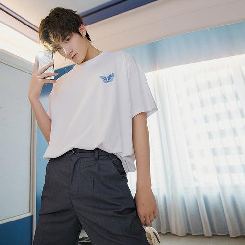Sicilian men's summer Harajuku style short-sleeved men's tide brand trend loose men's five-point sleeve printing white t-shirt